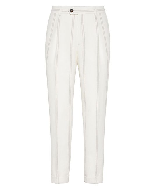 Brunello Cucinelli Wool And Silk Double Chalk Stripe Leisure Fit Trousers With Pleat