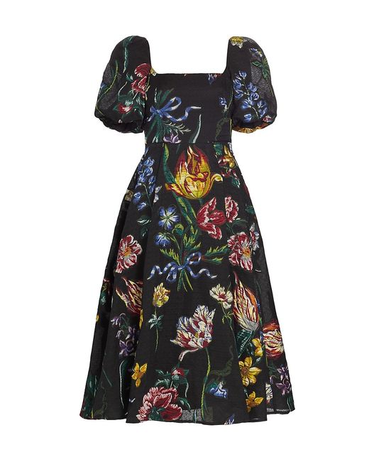 Marchesa Notte Floral Jacquard Puff-Sleeve A-Line Dress