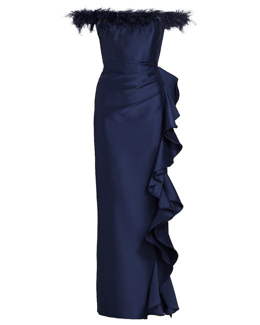 Badgley Mischka Off-The-Shoulder Feather Trimmed Asymmetrical Ruffle Gown
