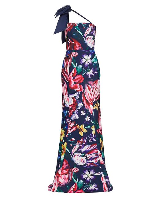 Marchesa Notte Asymmetric Floral Mikado Gown