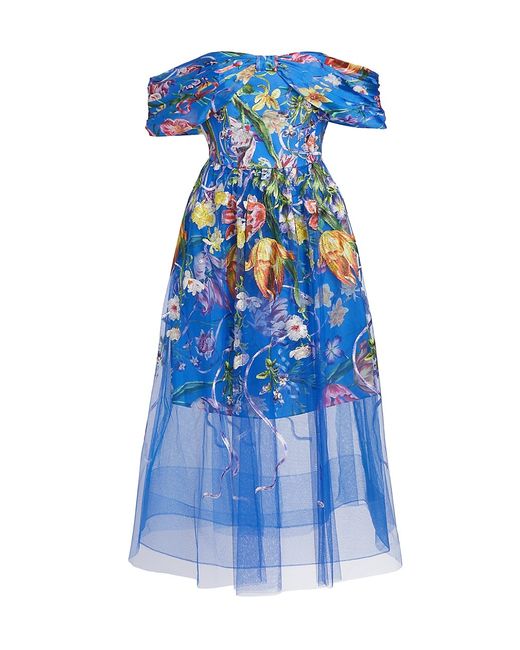 Marchesa Notte Floral Embroidered Off-The-Shoulder Dress