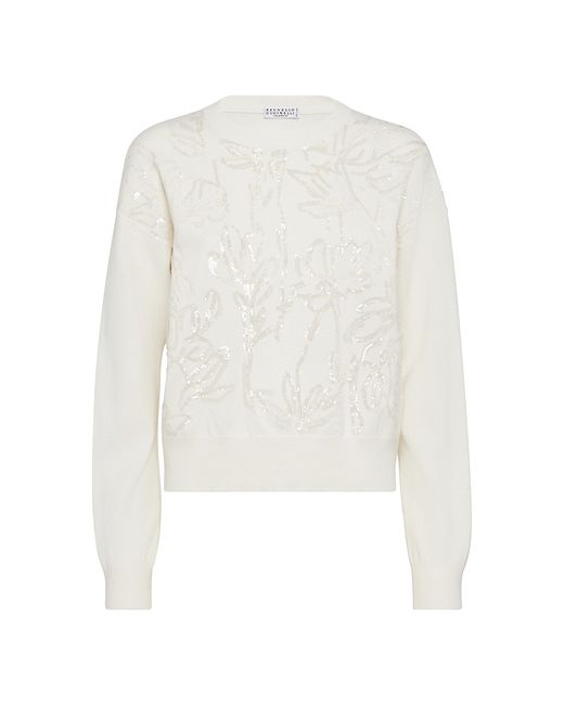 Brunello Cucinelli Virgin Wool Cashmere And Silk Sweater With Dazzling Flower Embroidery