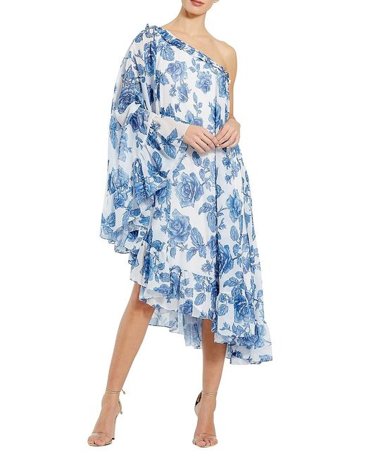 Mac Duggal Floral One-Shoulder Cape Midi-Dress