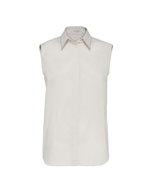 Brunello Cucinelli Stretch Cotton Poplin Sleeveless Shirt With Shiny Trim