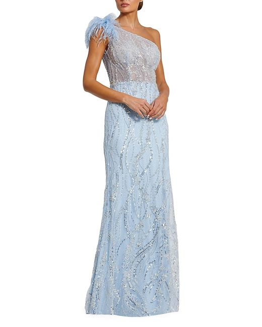 Mac Duggal Feather-Trimmed Sequined One-Shoulder Gown