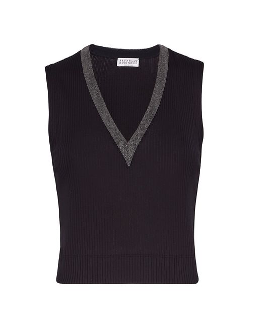 Brunello Cucinelli Stretch Cotton Ribbed Jersey Cropped Top With Precious Neckline
