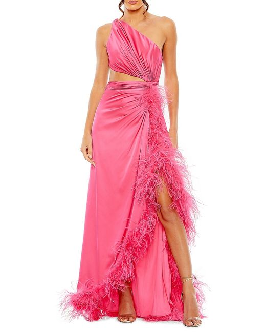 Mac Duggal Asymmetric Feathered Ruched Gown
