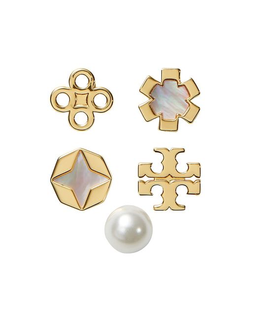 Tory Burch Kira 18K-Gold-Plated Mother-Of-Pearl Glass Pearl 5-Piece Clover Stud Earring Set