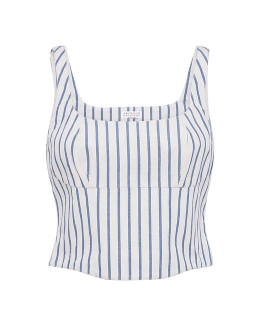 Brunello Cucinelli Striped Cotton and Linen Wrinkled Poplin Cropped Top