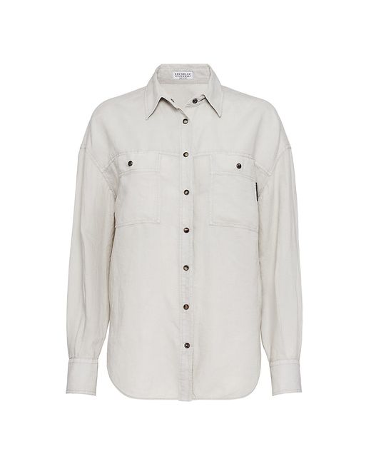 Brunello Cucinelli Garment Dyed and Cotton Pinpoint Shirt with Shiny Tab