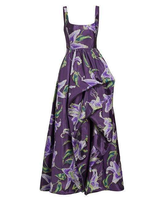 Marchesa Notte Floral Gathered High-Low Gown