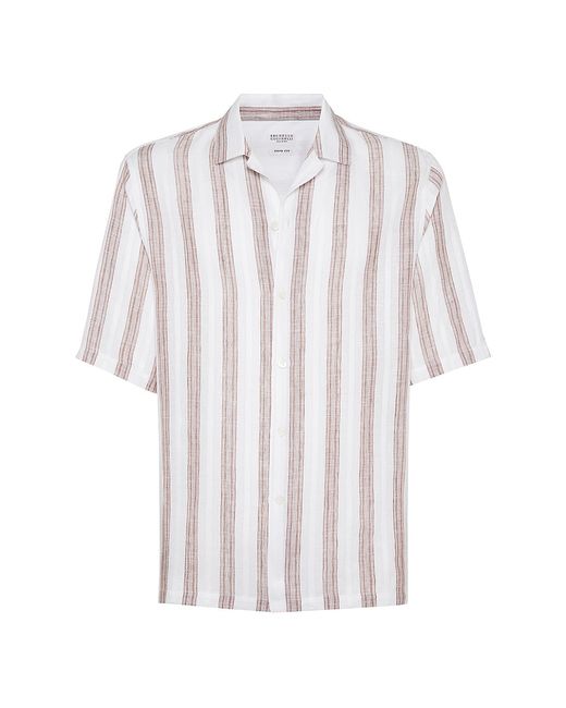 Brunello Cucinelli Textured Striped Linen Shirt with Camp Collar