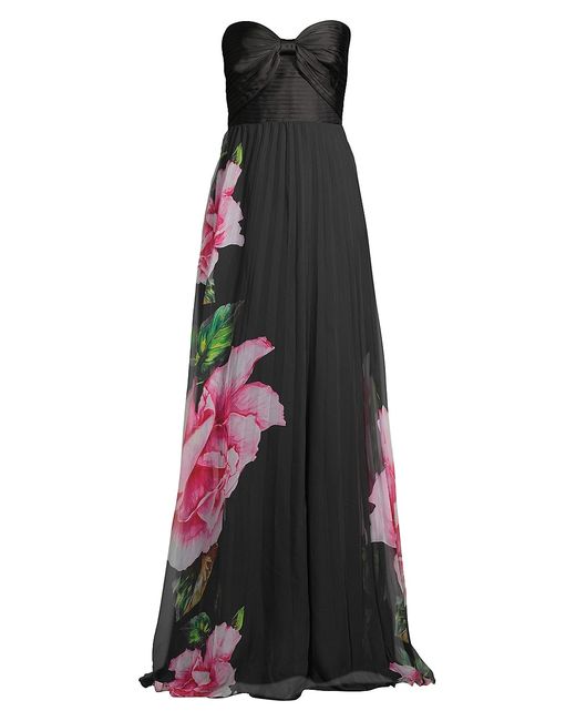 One33 Social Floral Graphic Pleated Chiffon Strapless Gown 00