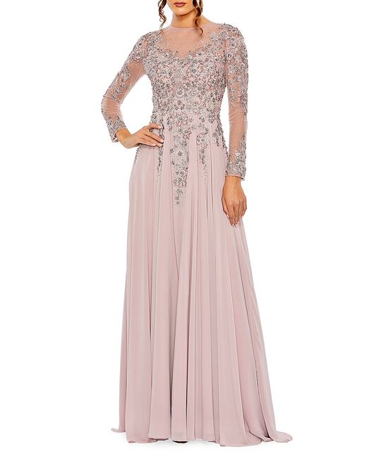 Mac Duggal Embellished Illusion Long-Sleeve A-Line Gown
