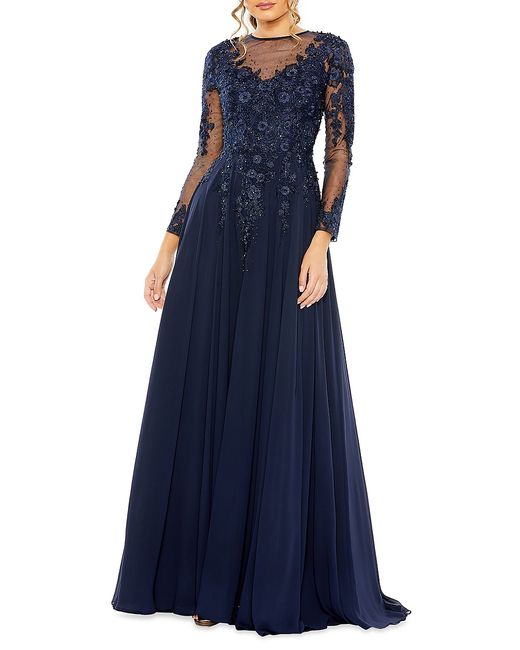 Mac Duggal Embellished Illusion Long-Sleeve A-Line Gown