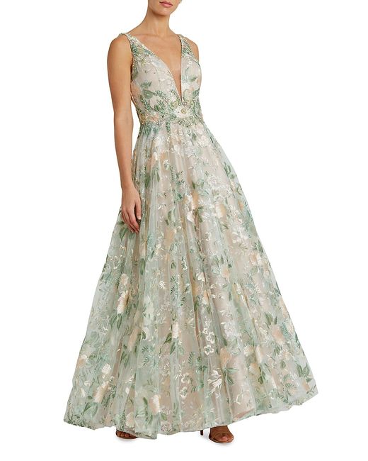 Mac Duggal Floral Embroidered V-Neck Gown