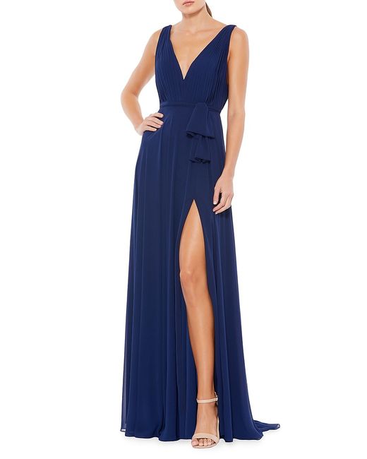 Mac Duggal Pleated V-Neck Draped Tie Gown