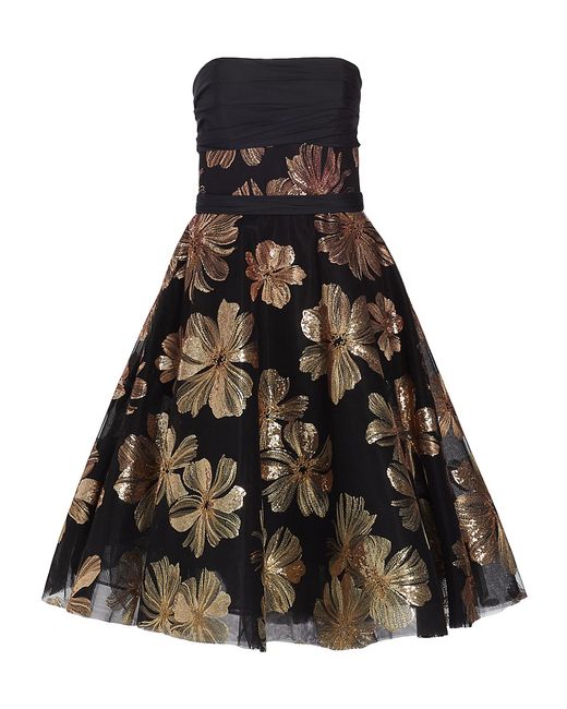 Pamella Roland Embroidered Sequined Metallic Floral Cocktail Dress