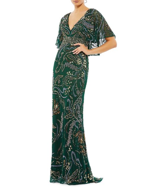 Mac Duggal Floral Beaded Cape Gown