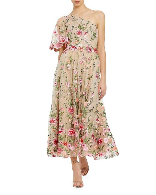 Mac Duggal Floral Embroidered One-Shoulder Midi-Dress