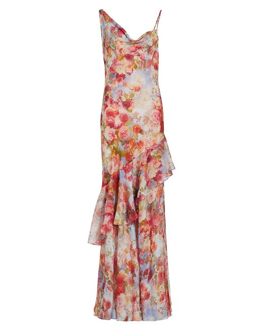 L'agence Viola Asymmetric Cowlneck Floral Gown