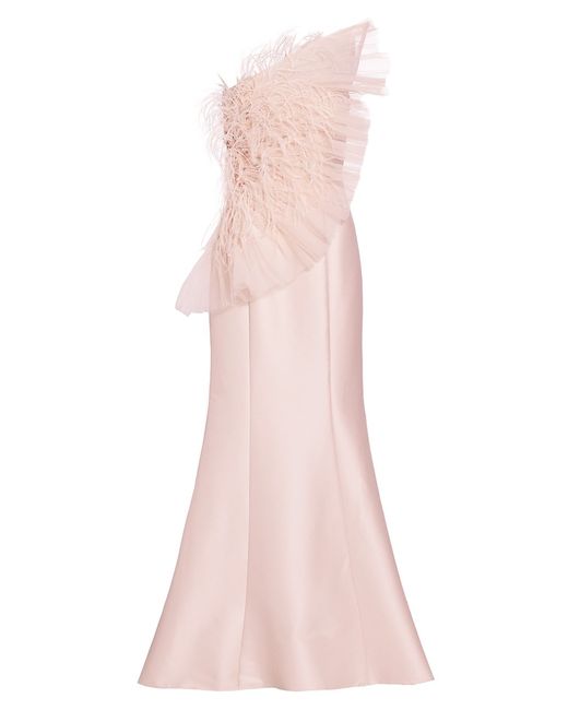 Badgley Mischka Strapless Feather-Embellished Gown