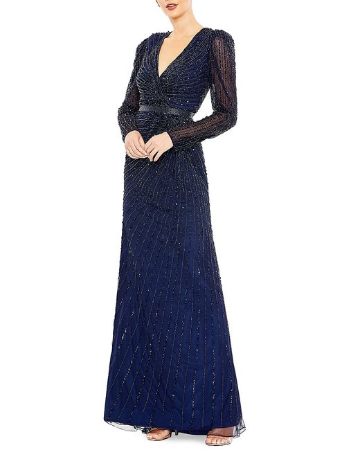 Mac Duggal Sequin Wrap-Over Long-Sleeve Gown