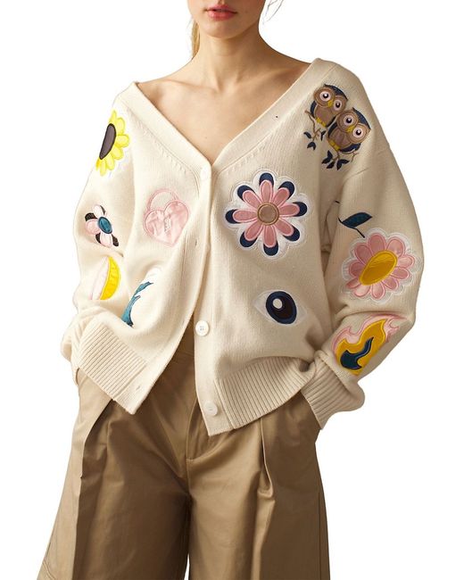 Cynthia Rowley Fun Patches Knit Button-Front Cardigan Large