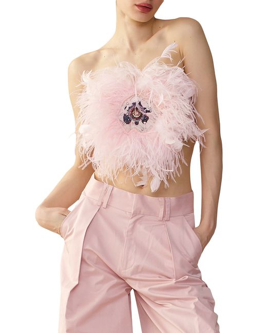Cynthia Rowley Strapless Feather Crop Top