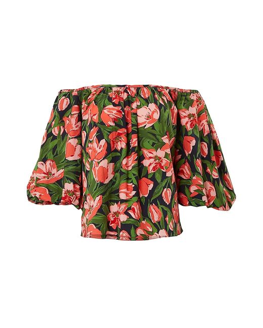 Carolina Herrera Floral Stretch-Cotton Puff-Sleeve Off-the-Shoulder Top