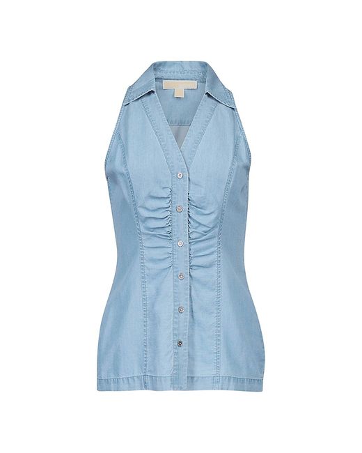 Michael Michael Kors Sleeveless Ruched Chambray Button-Front Top