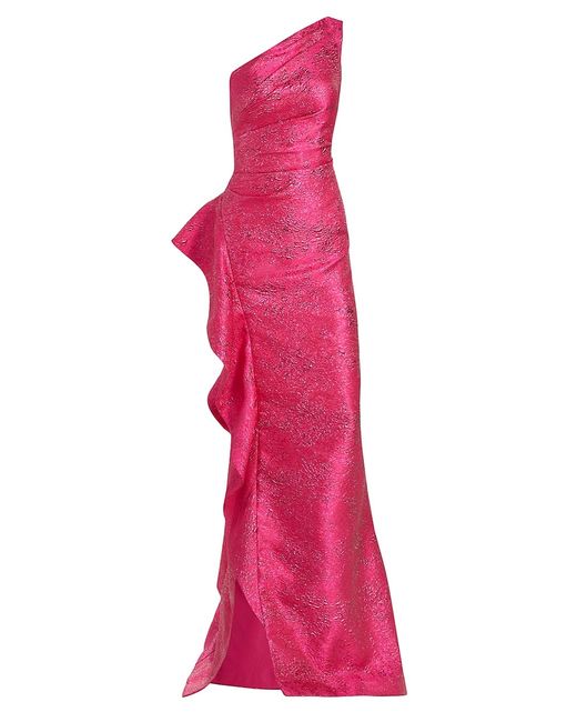 Teri Jon by Rickie Freeman Jacquard One-Shoulder Ruffle Column Gown