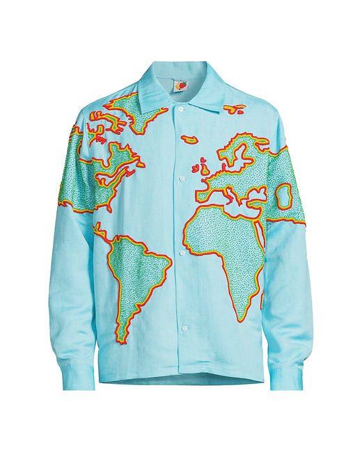 Sky High Farm World Map-Embroidered Linen-Blend Shirt Small