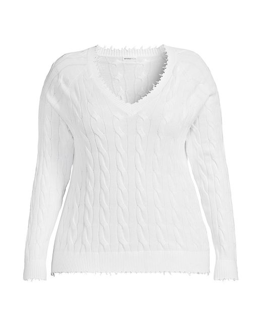 Minnie Rose Frayed Cable-Knit V-Neck Sweater