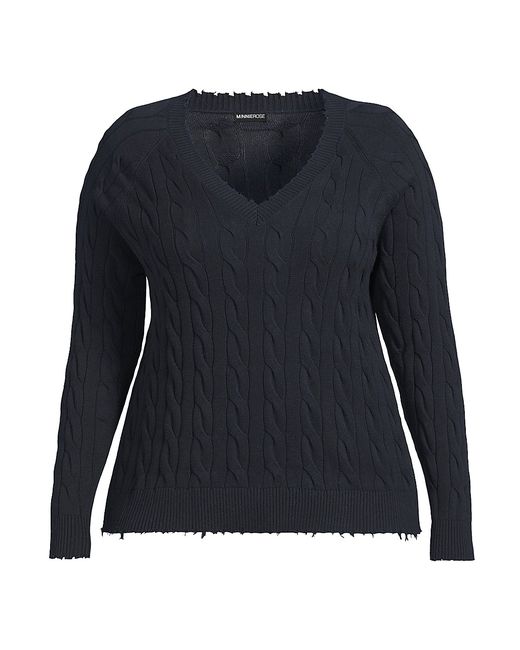Minnie Rose Frayed Cable-Knit V-Neck Sweater