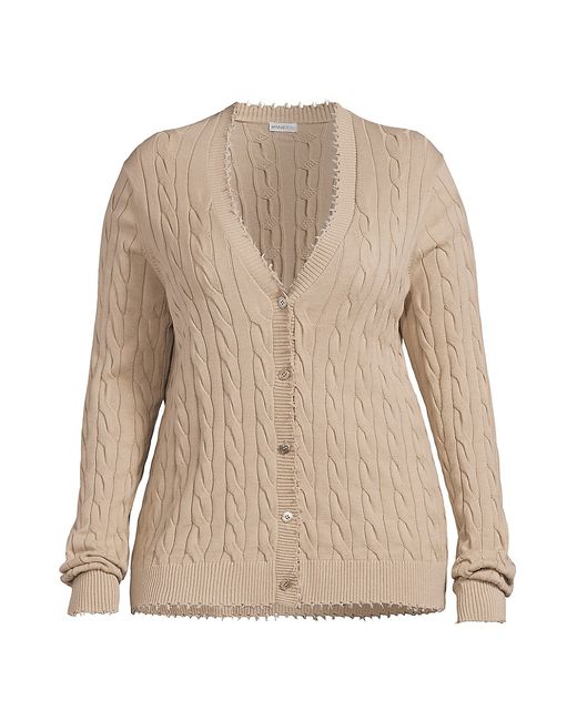 Minnie Rose Frayed Cable-Knit V-Neck Cardigan
