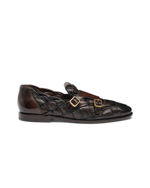 Santoni Polished Leather Loafer With Double-buckle And Woven Upper
