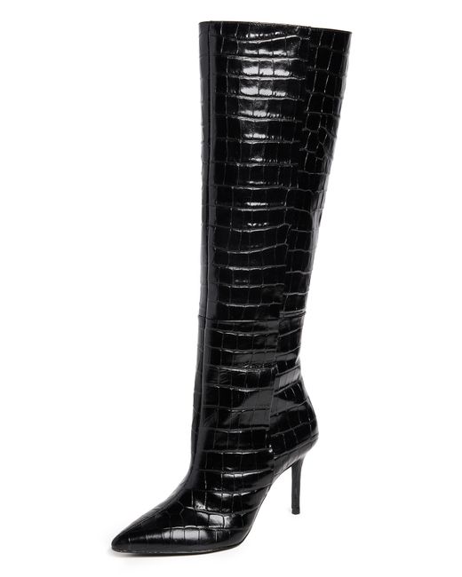 Black Suede Studio Tory Knee High Pointy Toe Mid Heel Boots