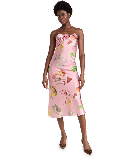 Rodarte Pink Mushroom Printed Silk Mid Length Bias Slip Dress with Flower