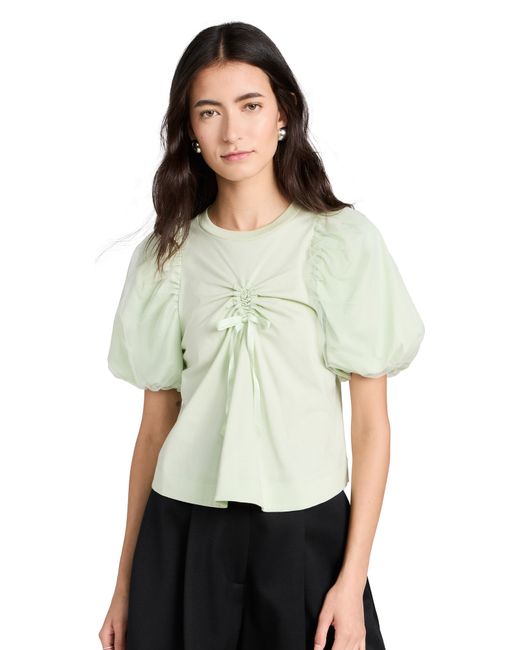 Simone Rocha Cropped Ruched Bow T-Shirt with Tulle Overlay Sleeve