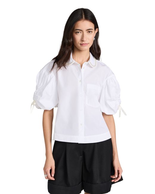 Simone Rocha Beaded Cropped Puff Sleeve Shirt W Ruched Bow