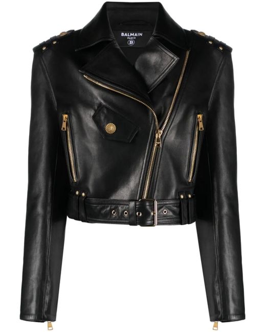 Balmain Cropped Belted Leather Biker Jacket