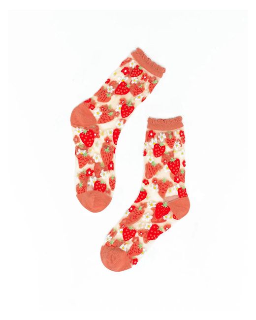 Sock Candy Strawberry Daisy Ruffle Sheer Crew Sock as seen on Chrissy Teigen