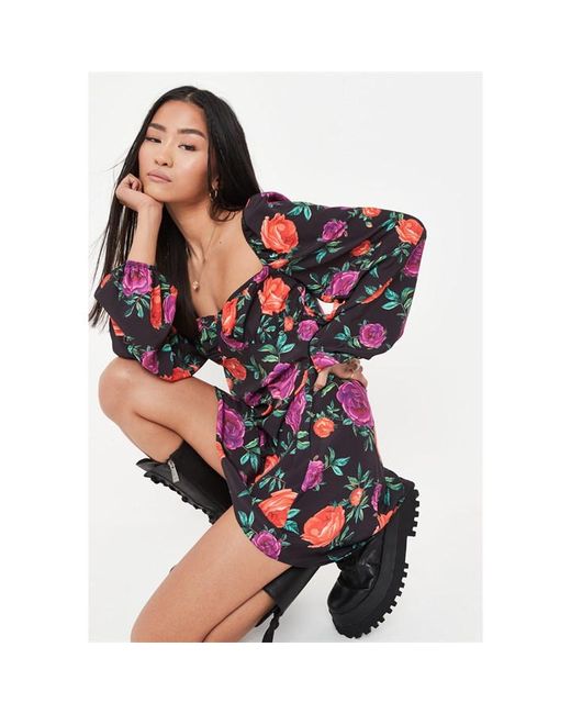 Missguided Floral Print Balloon Sleeve Dress