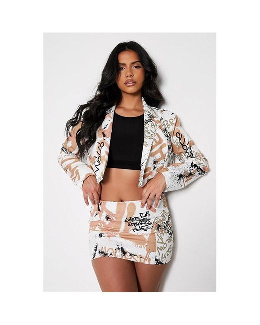 I Saw It First Super Cropped Newspaper Print Blazer With Shoulder Pads