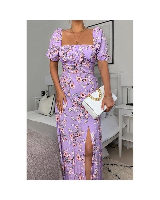 I Saw It First Lilac Floral Print Short Puff Sleeve Midi Dress