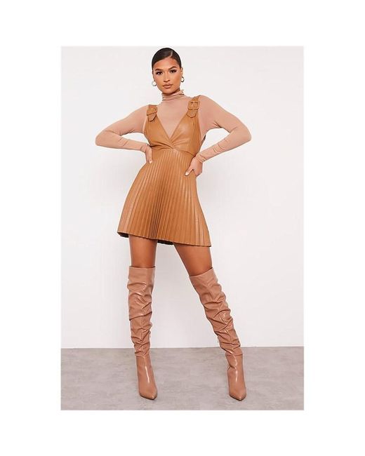 I Saw It First Camel Faux Leather Buckle Detail Pleated Pinafore Dress