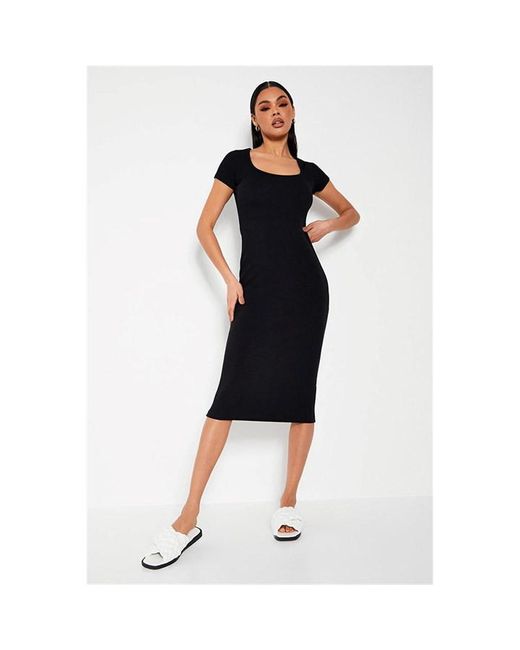 I Saw It First Ribbed Short Sleeve Square Neck Bodycon Midi Dress