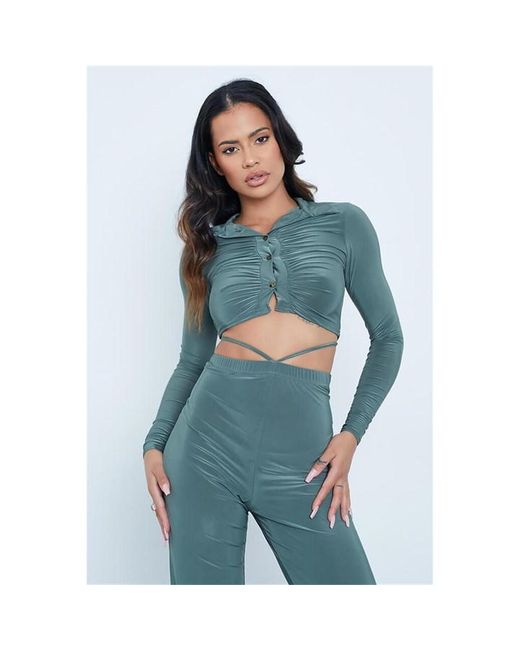 I Saw It First Khaki Slinky Long Sleeve Ruched Button Up Collared Crop Top