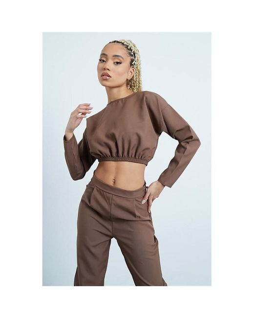 I Saw It First Chocolate Woven Long Sleeve Co-Ord Crop Top